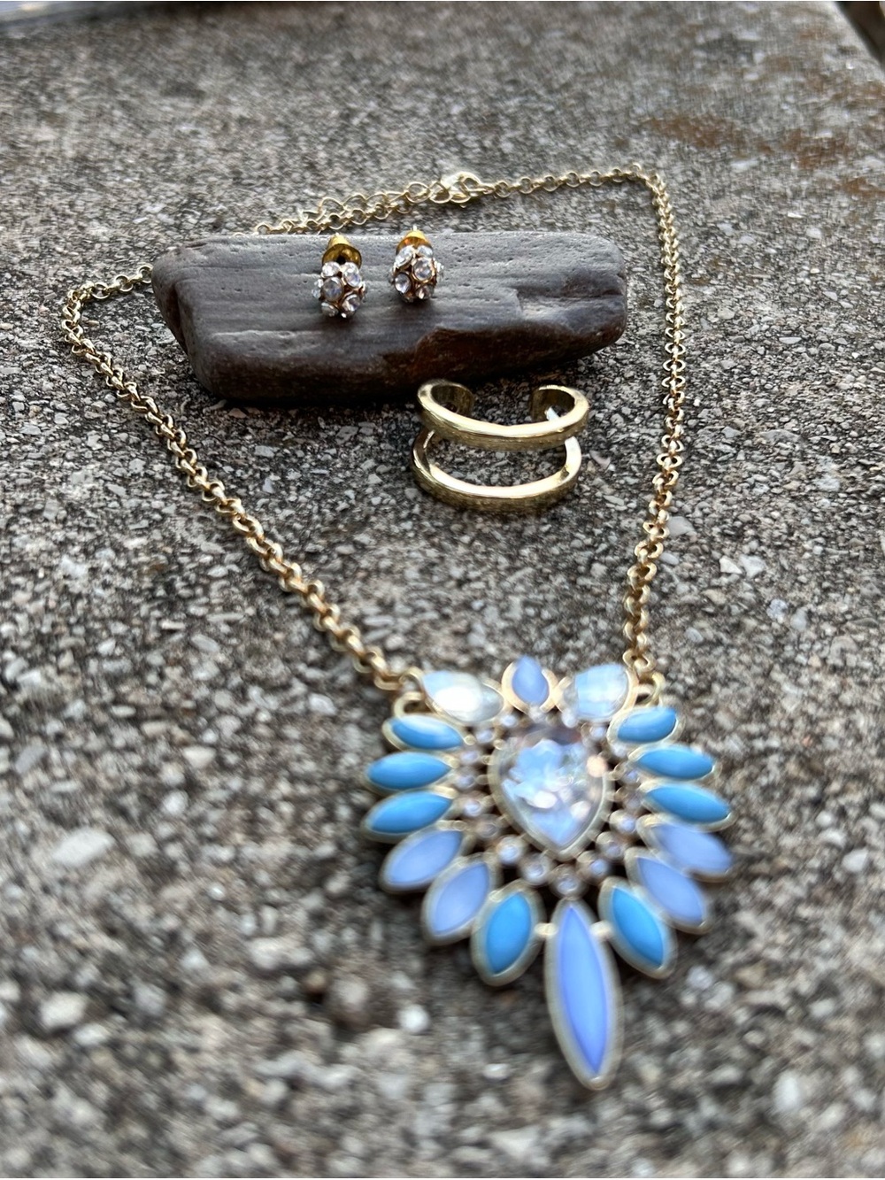 Gold-Tone Blue Opal Pendant Necklace - Women Jewelry 3 piece set